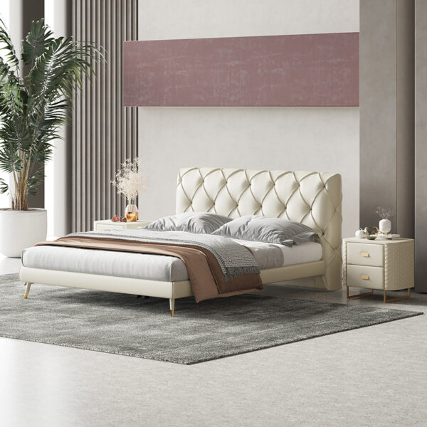 Italian light luxury white leather grab pleat pull-up bed
