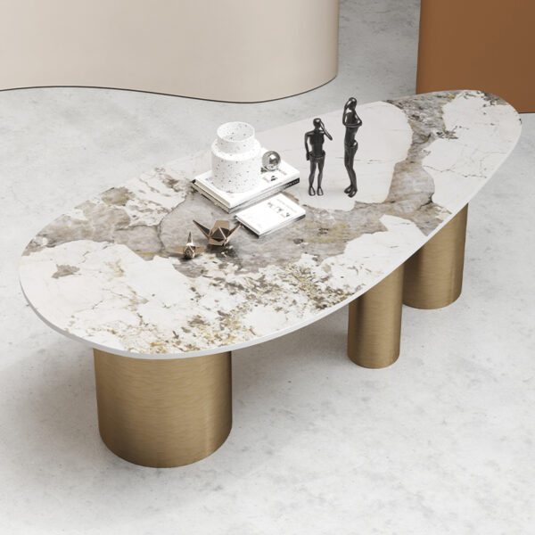 Natural Marble Dining Table Gold Cylindrical Design Table Corner