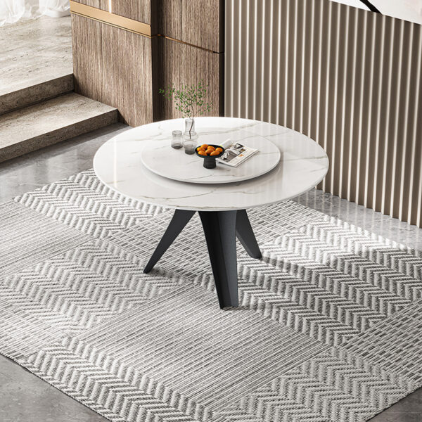 Forked legs and round marble dining table are modern and simple