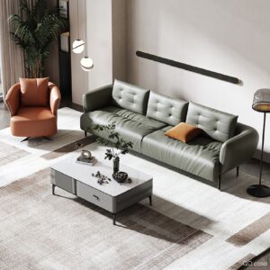 The dark grey multi-seat sofa and the orange single sofa seat